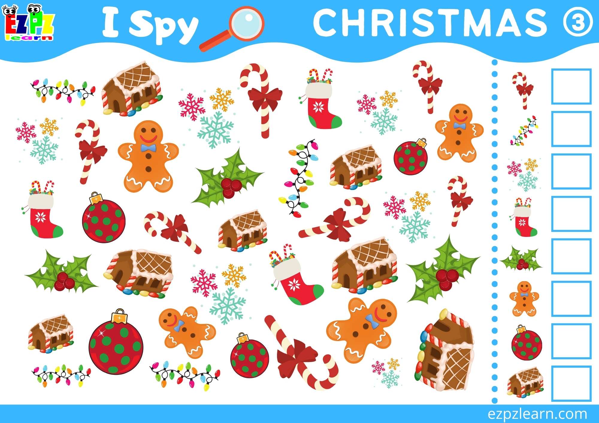 Christmas 3 Topic I Spy Game for kids Free PDF Download - Ezpzlearn.com